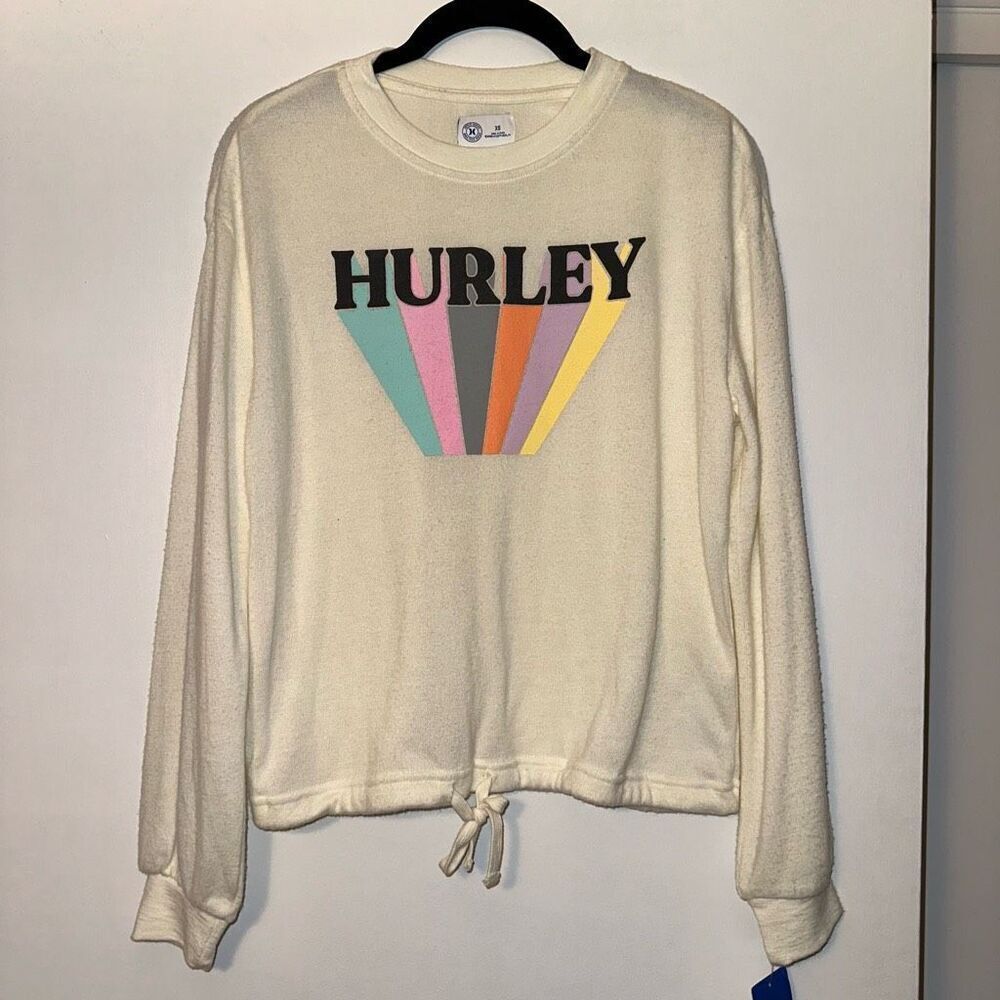Hurley Women’s Cream Cinched Tie Waist Graphic Fleece Pullover Sweater Size XS N